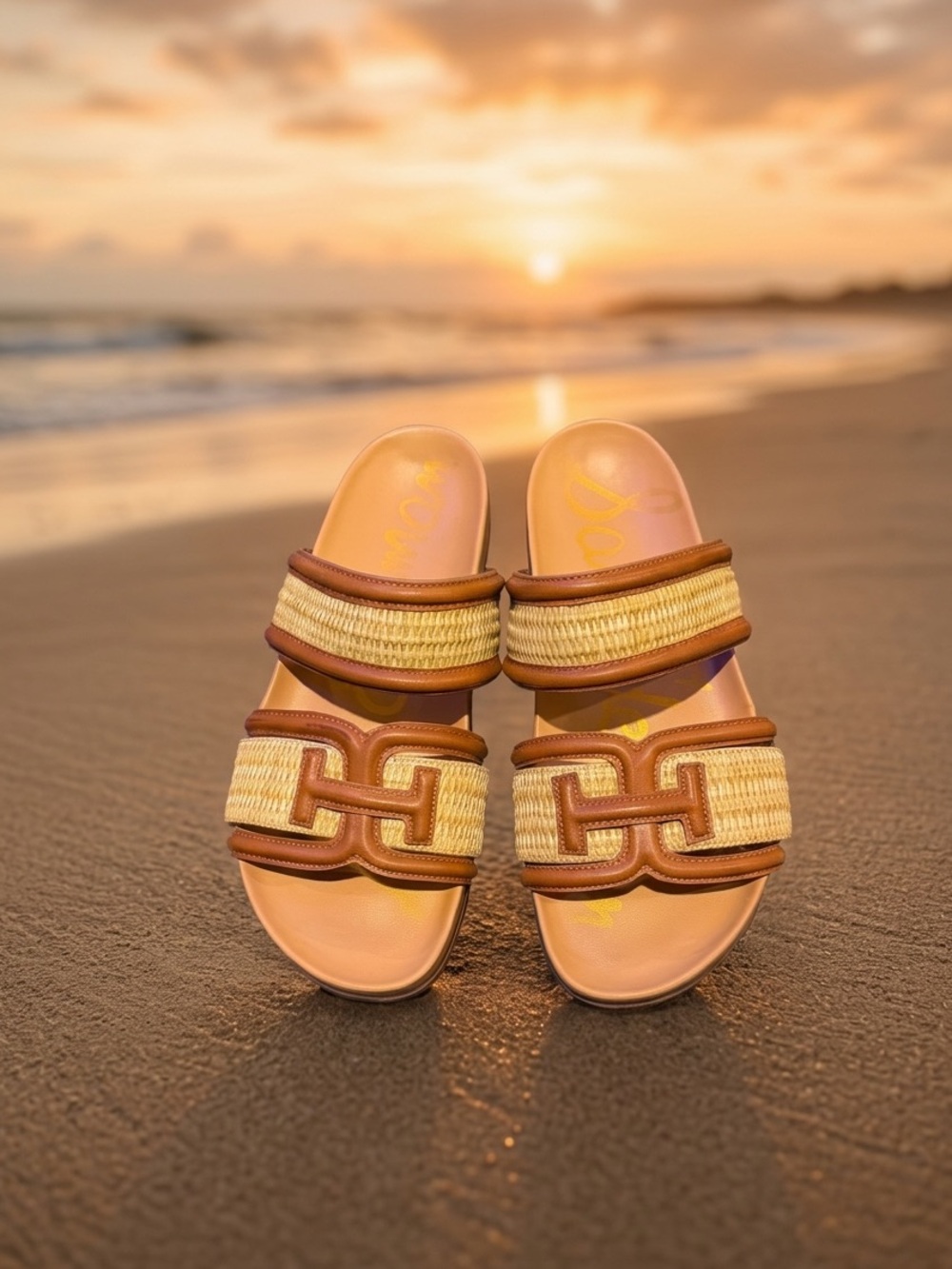 Sam Edelman Raffia Double E Logo Slide Sandals Cognac Tan